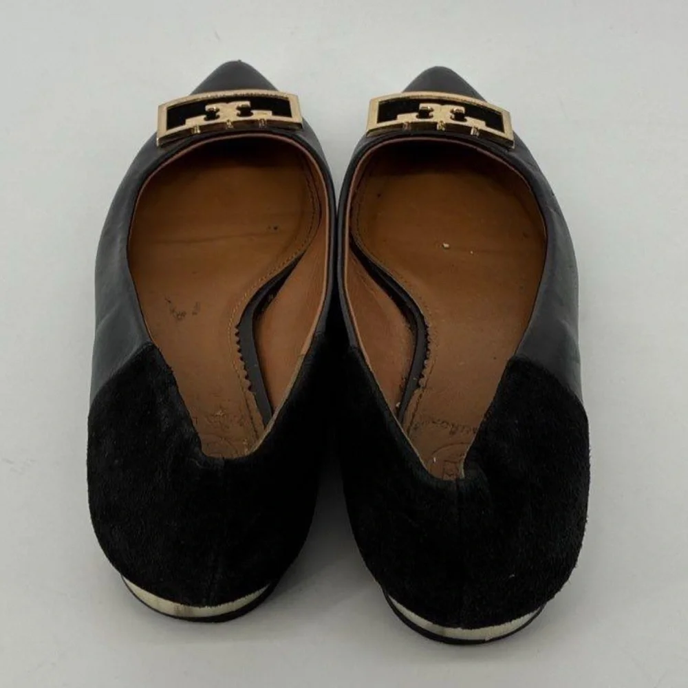 TORY BURCH Suede-trimmed Embellished Leather Point-toe Flats In Perfect Black 7